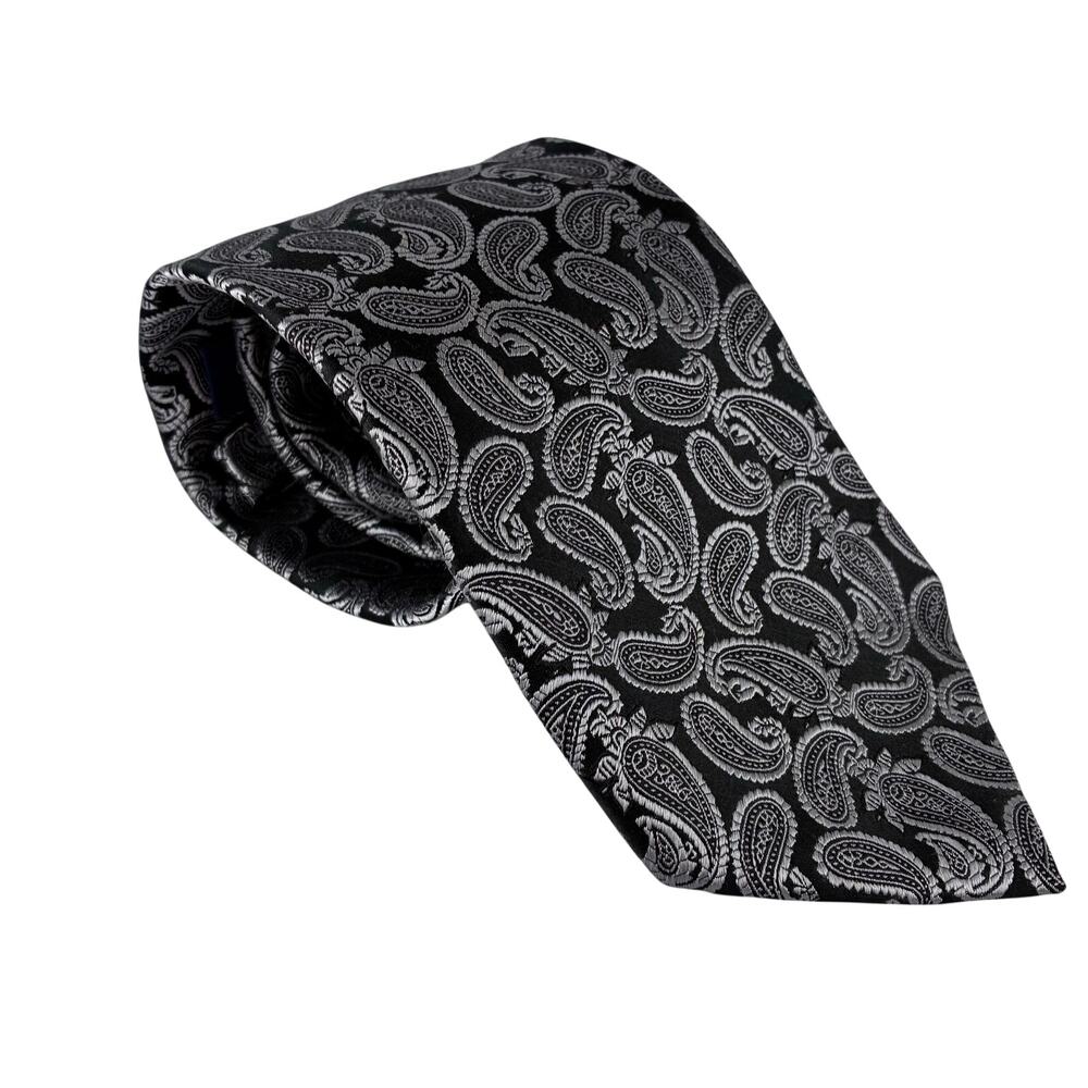 Sean John Men's Tie Black Silver Paisley AOP 100% Silk 60"x4" Career Office Gift